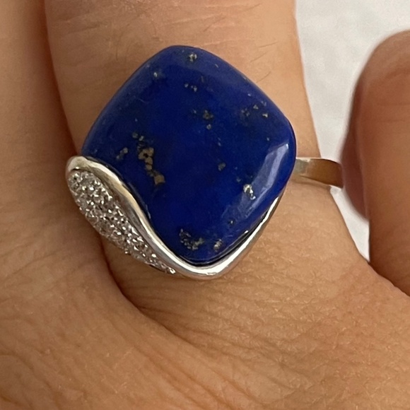 10k white gold lapis lazuli tiny diamonds ring size 8 1/4 - Picture 8 of 11